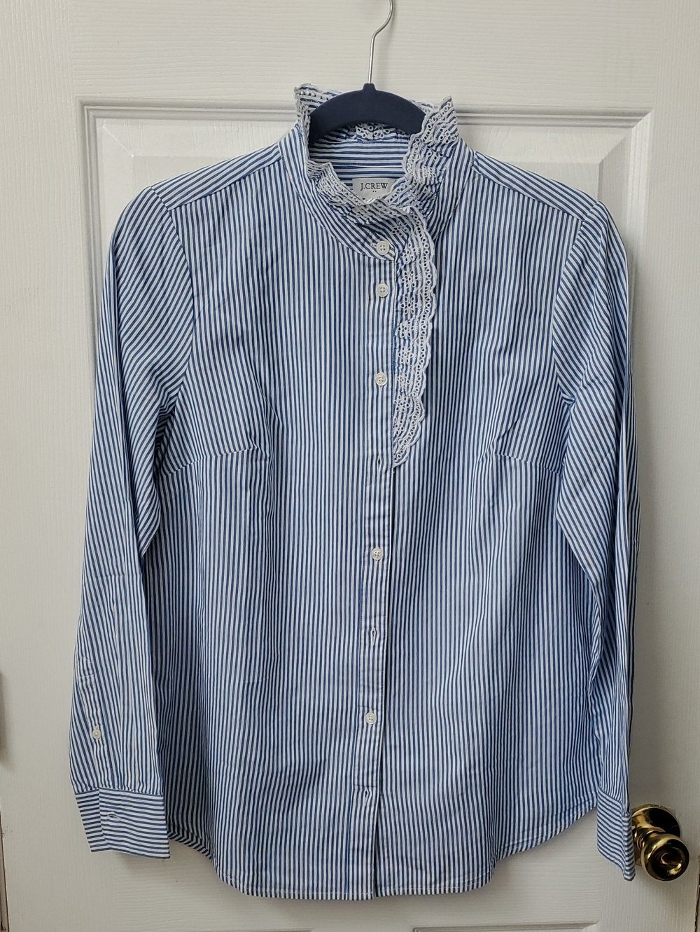 J. Crew Blue & White Striped Ruffle-Trim Button Shirt